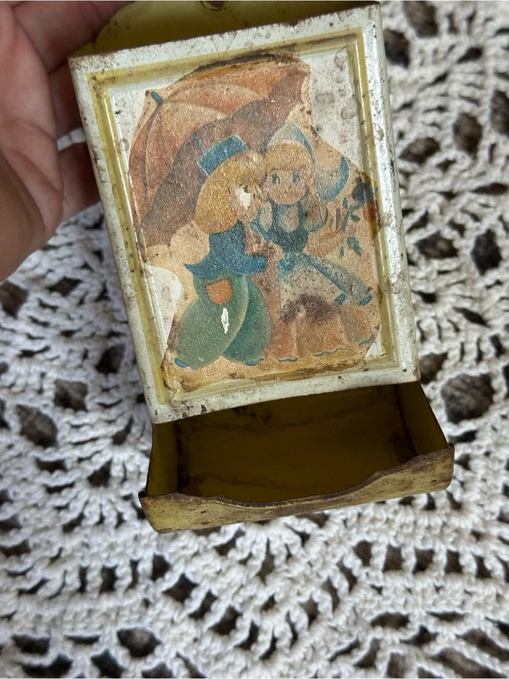 Vintage Tin Dutch Children Match Holder | Wall Match Box Holder | Cottage Decor